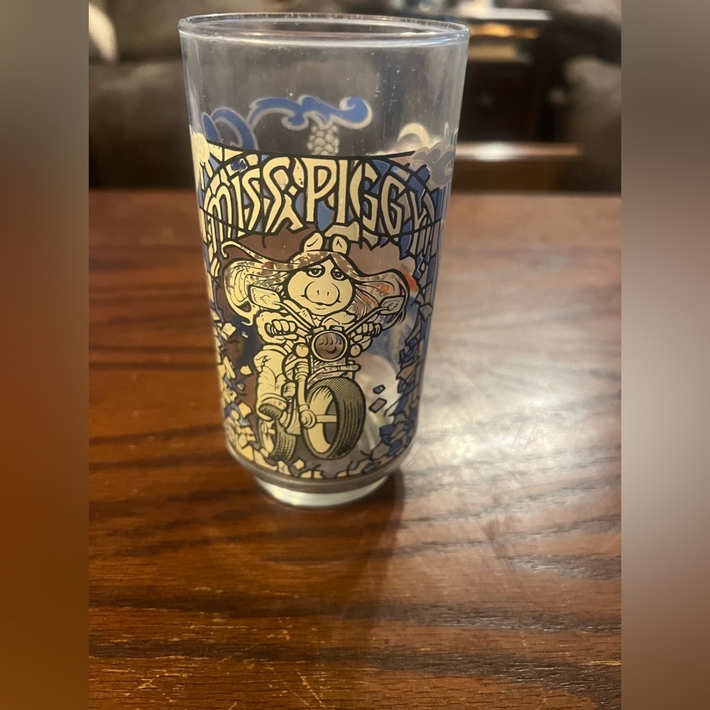 McDonald's Miss Piggy Glass with Blue and White Design